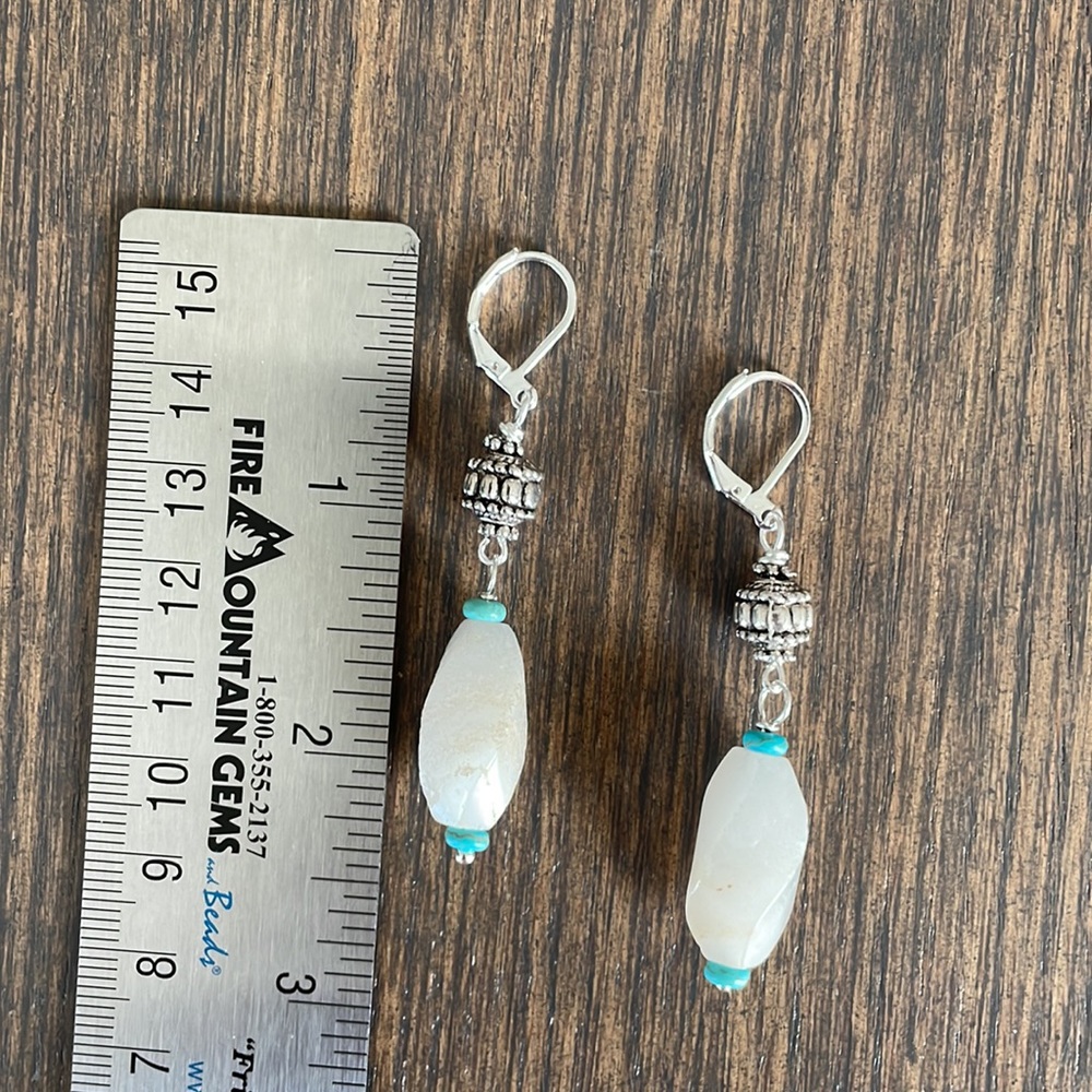 HAND CRAFTED EARRINGS White Milky Quartz Twisted Oblong Beads Turquoise Rondelle - Picture 3 of 10